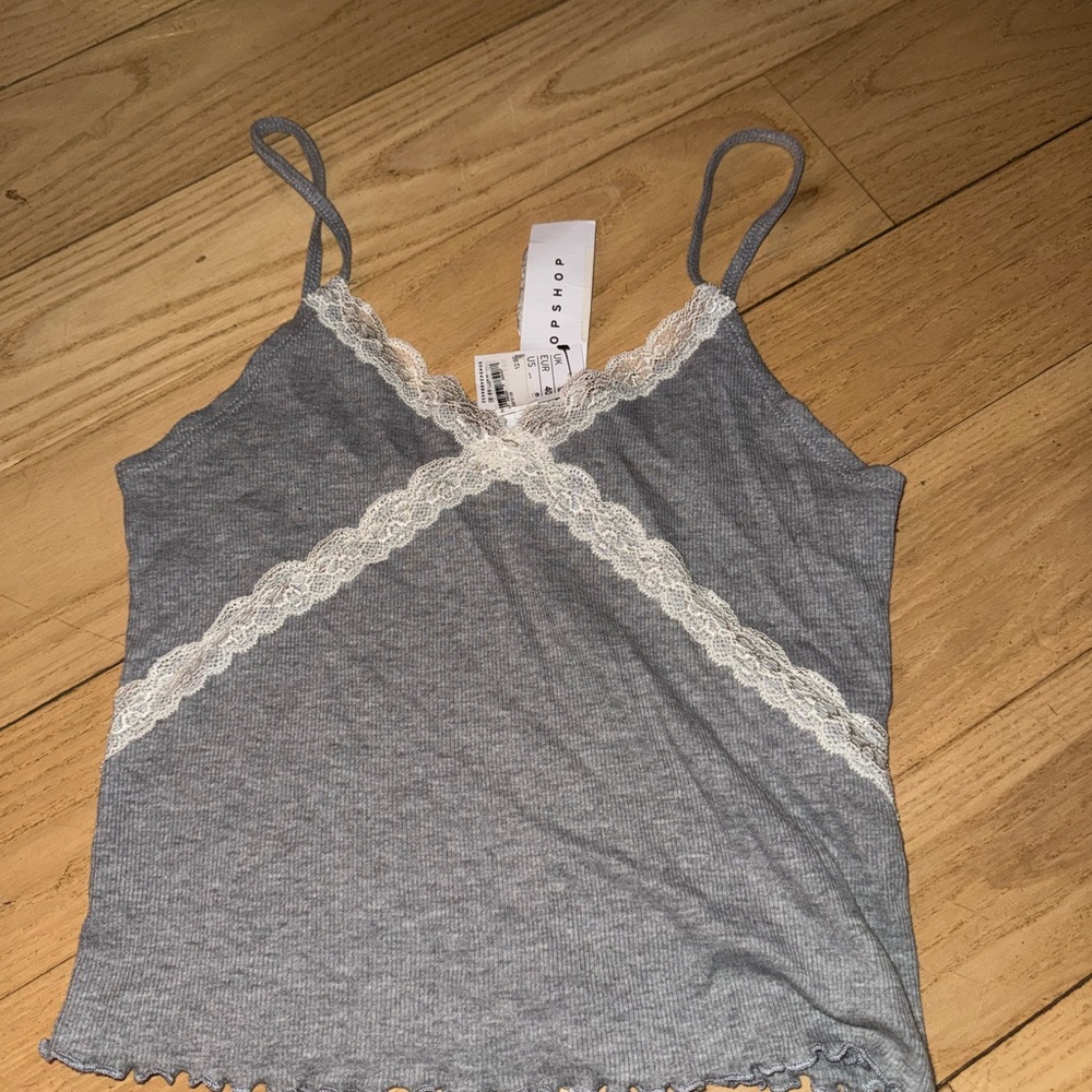 Topshop Gray Camisole with Cream Lace